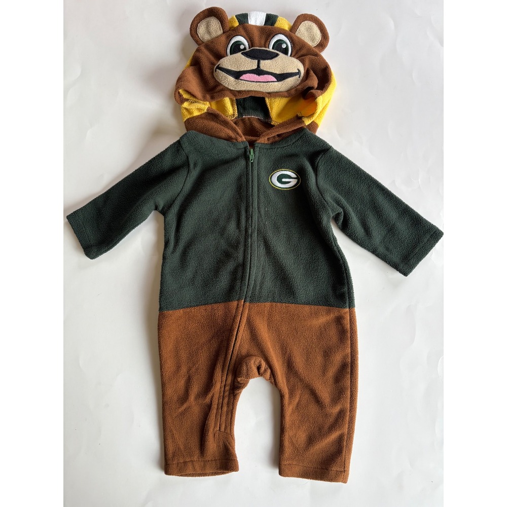 Green Bay Packers Mascot Fleece Romper Infant 3/6M Full Zip Hooded One Piece